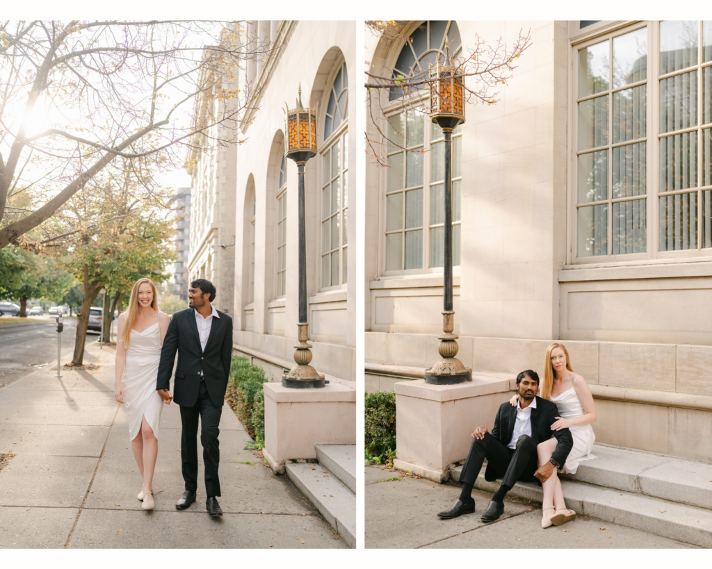 An engaged couple smiling and holding hands while walking down a bustling street in downtown Spokane. The urban setting features tall buildings, streetlights, and colorful storefronts, adding a vibrant and lively backdrop to the couple's romantic moments captured in the photographs